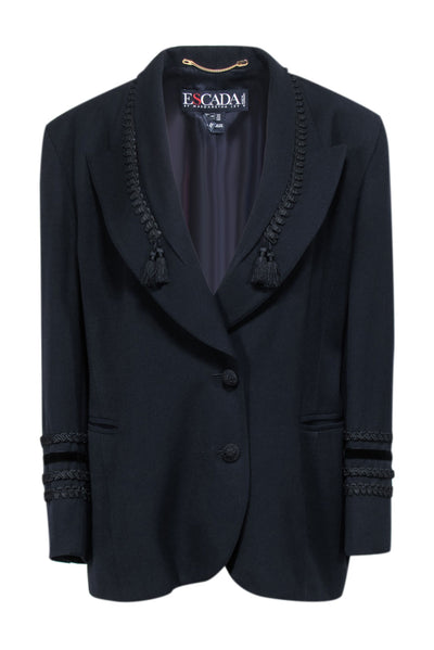 Current Boutique-Escada - Navy Blue Wool Blazer w/ Velvet & Tassel Embroidery Sz 8