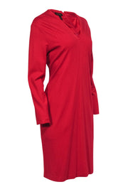 Current Boutique-Escada - Red Long Sleeve Midi Dress w/ Frayed Neckline Sz L