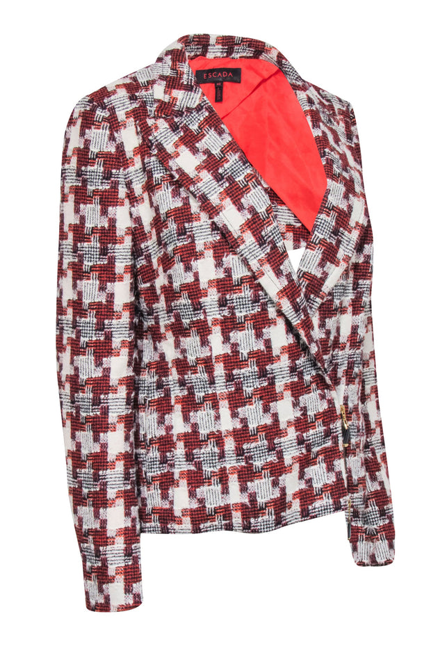 Current Boutique-Escada - Red & White Patch Hound-stooth Wool Zip Front Blazer Sz 10