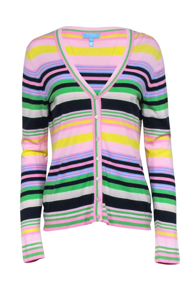 Current Boutique-Escada Sport - Pink Multicolor Stripe V-neck Cardigan Sz L