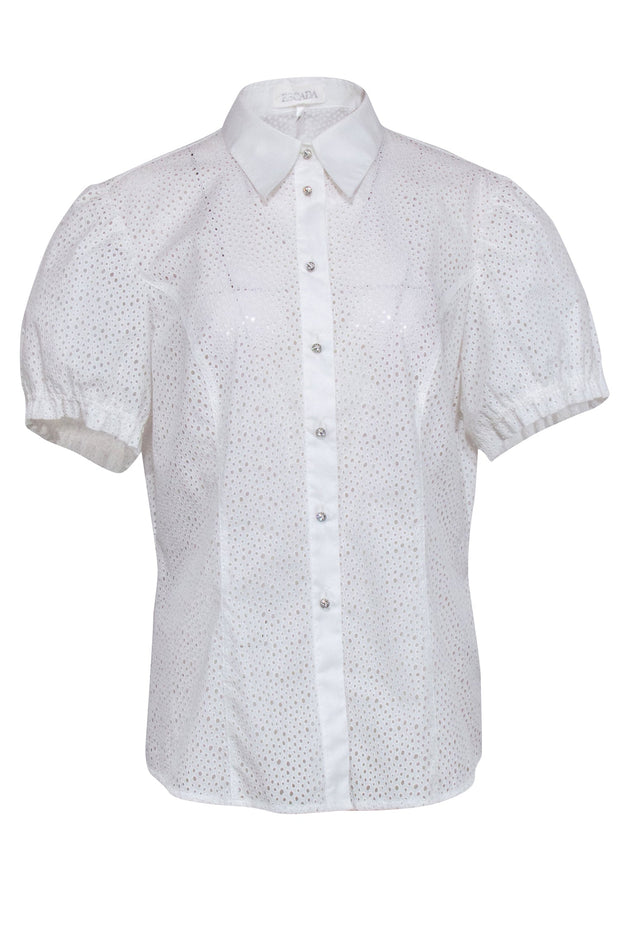 Current Boutique-Escada - White Eyelet Short Sleeve Button Down Shirt Sz 14