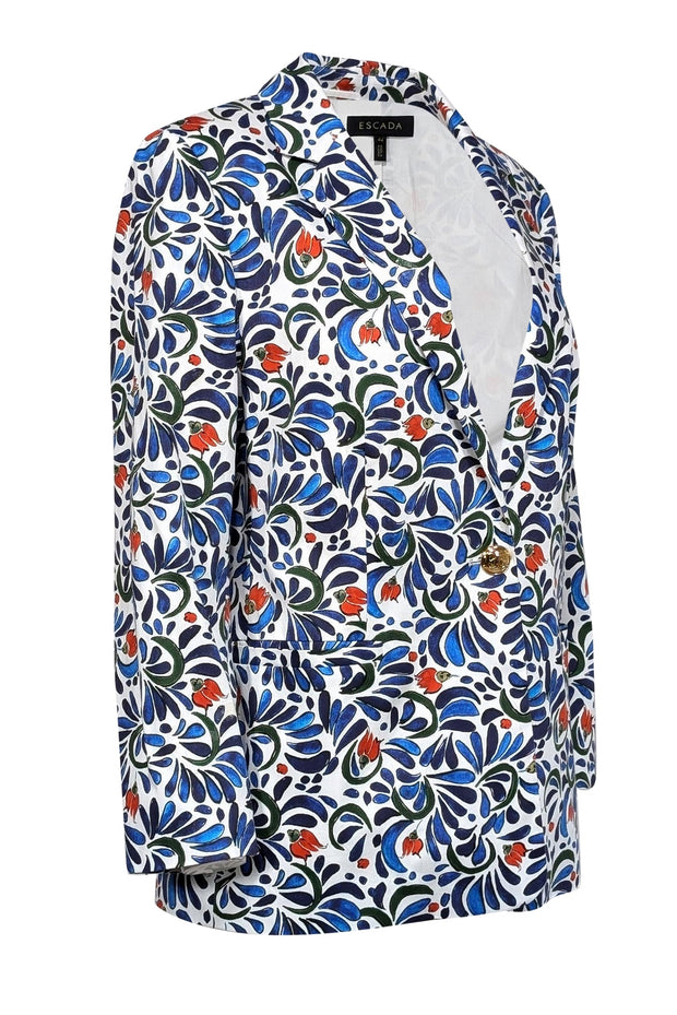 Current Boutique-Escada - White w/ Red & Blue Floral Print Blazer Sz 14