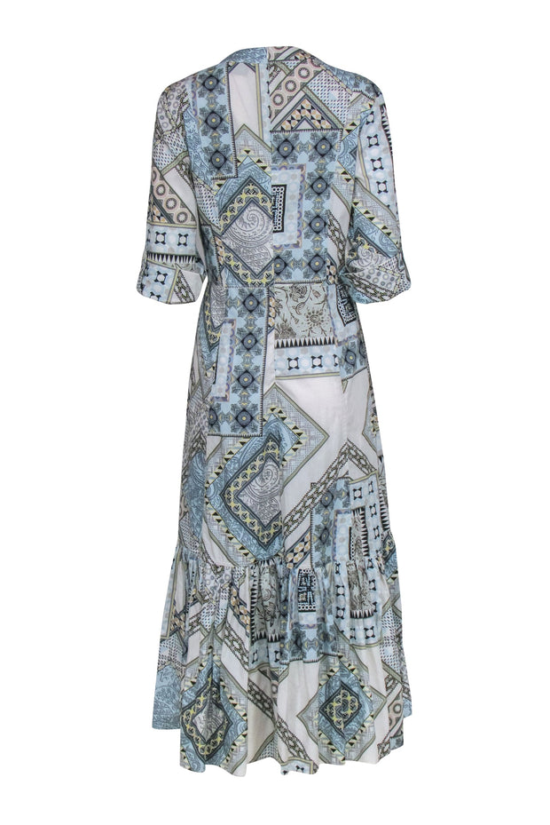 Current Boutique-Etro - White, Blue, & Beige Print Crop Sleeve Maxi Dress Sz 10
