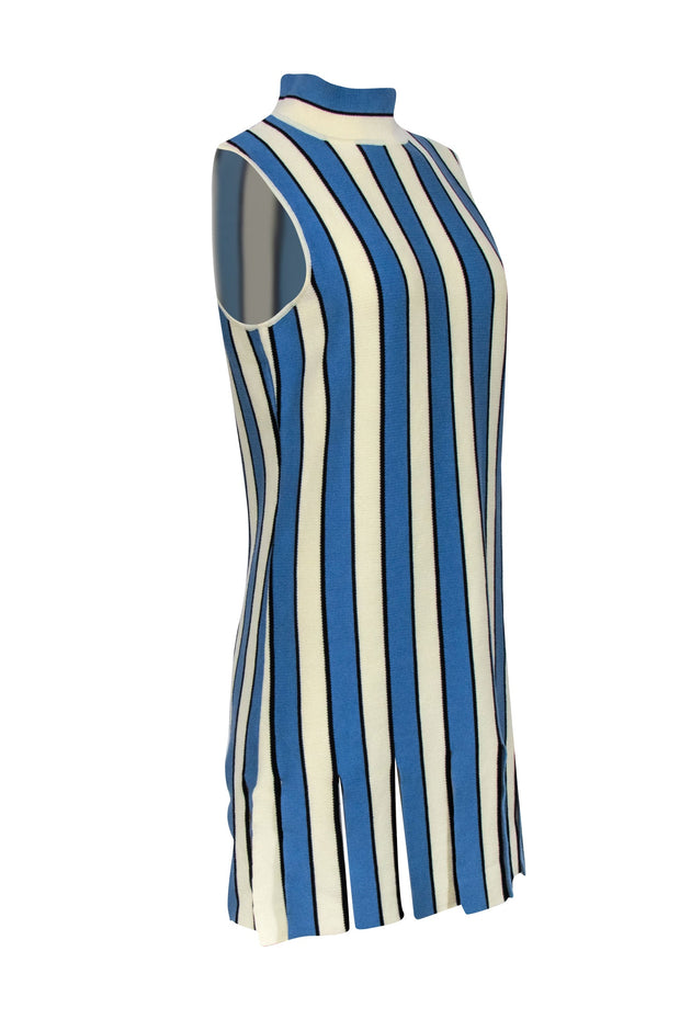 Current Boutique-Eva Franco - Cream, Blue, & Black Striped Mock Neck Dress w/ Fringe Hem Sz L