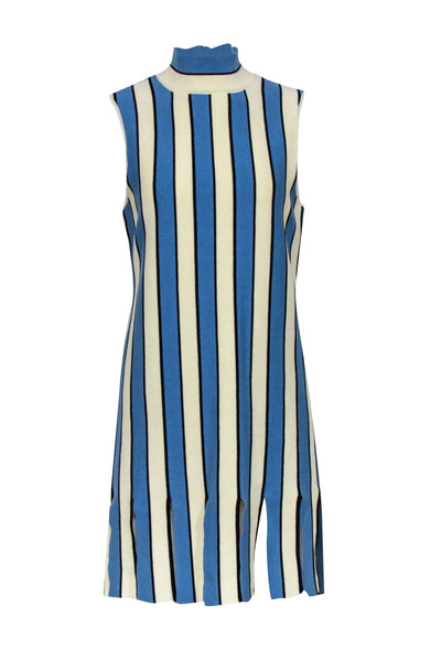 Current Boutique-Eva Franco - Cream, Blue, & Black Striped Mock Neck Dress w/ Fringe Hem Sz L