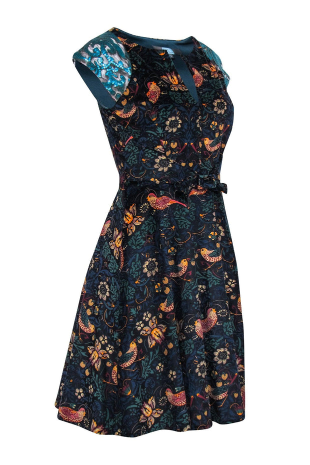 Current Boutique-Eva Franco - Navy Floral Bird Print Corduroy Dress Sz 6