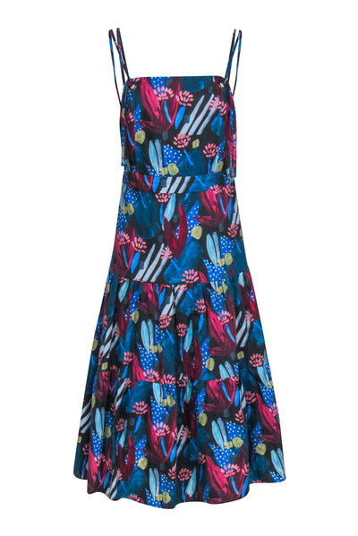 Current Boutique-Eva Franco - Teal Blue & Red Leaf Print Dress Sz L
