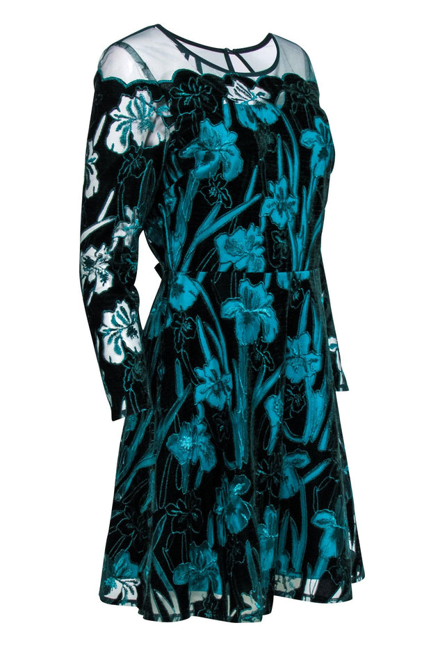 Current Boutique-Eva Franco - Teal Velvet Floral "Lily" Mini Dress Sz 6