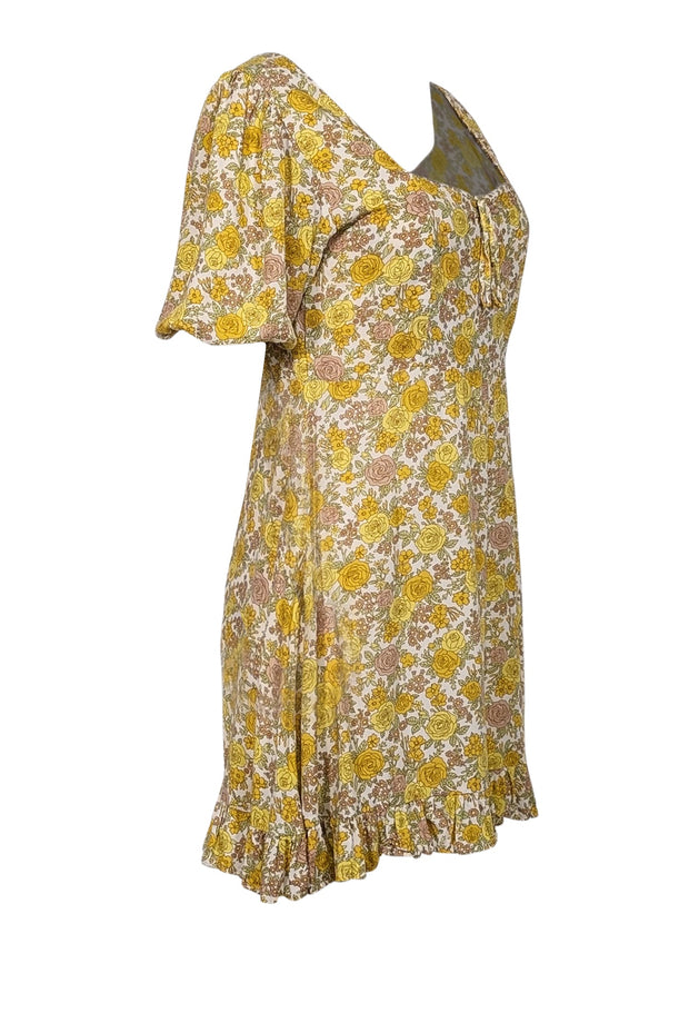 Current Boutique-Faithfull the Brand - White & Yellow Floral Print Puff Sleeve Mini Dress Sz 6