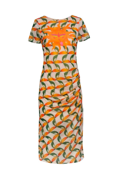 Current Boutique-Farm - Beige w/ Orange & Green Sun Print Ruched Midi Dress Sz XS