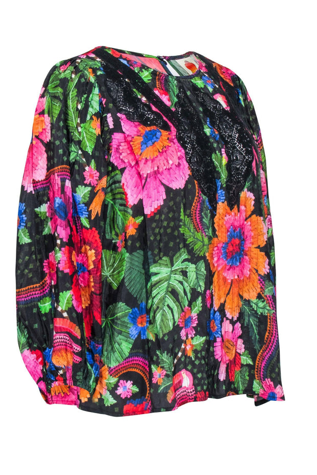Current Boutique-Farm - Black w/ Multi Color Floral Print Blouse Sz S