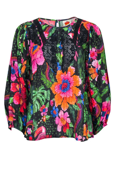 Current Boutique-Farm - Black w/ Multi Color Floral Print Blouse Sz S