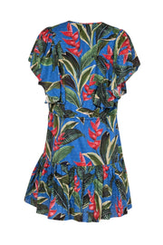 Current Boutique-Farm - Blue w/ Green & Red Botanical Print Swiss Dot Mini Dress Sz L