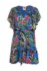 Current Boutique-Farm - Blue w/ Green & Red Botanical Print Swiss Dot Mini Dress Sz L