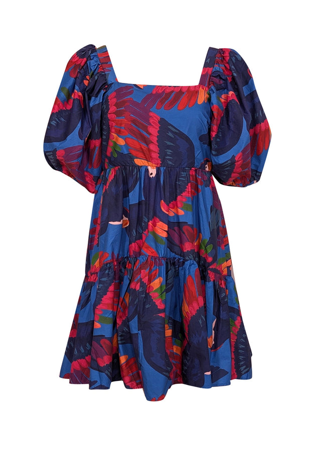 Current Boutique-Farm - Blue w/ Rainbow Macaw Print Poplin Mini Dress Sz M
