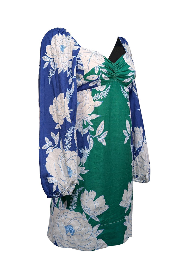 Current Boutique-Farm - Green, Blue & White, Floral Print Linen Blend Long Sleeve Dress Sz S