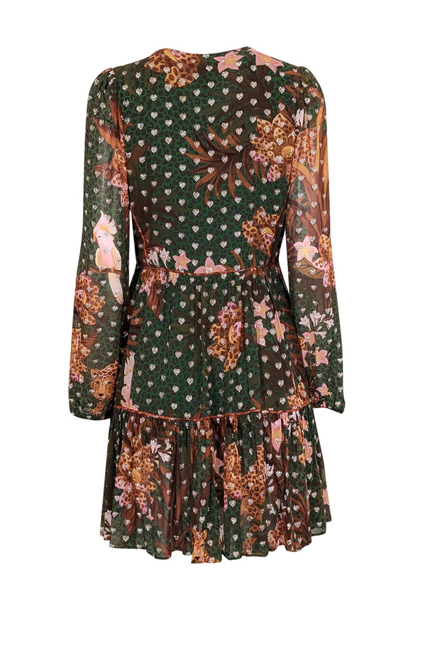 Current Boutique-Farm - Green, Tan, & Peach Jungle Print Mini Dress w/ Metallic Hearts Sz M