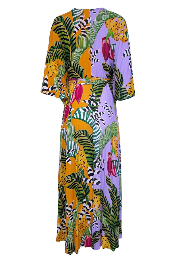 Current Boutique-Farm - Orange & Purple Mixed Leaf Print Wrap Dress Sz S