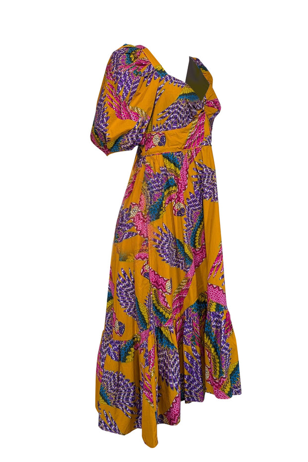 Current Boutique-Farm - Orange w/ Multicolor Macaw Print Poplin Midi Dress Sz L