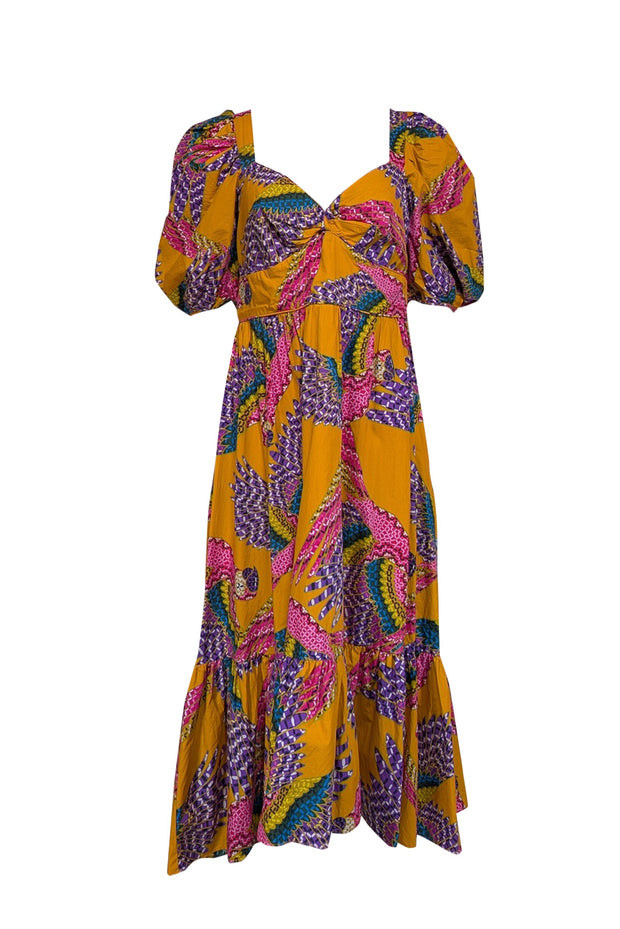 Current Boutique-Farm - Orange w/ Multicolor Macaw Print Poplin Midi Dress Sz L