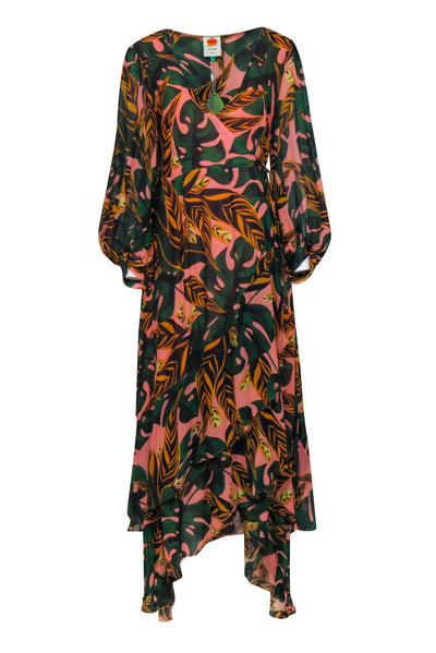 Current Boutique-Farm - Pink & Green Palm Leaf Print Long Sleeve Wrap Maxi Dress Sz XL