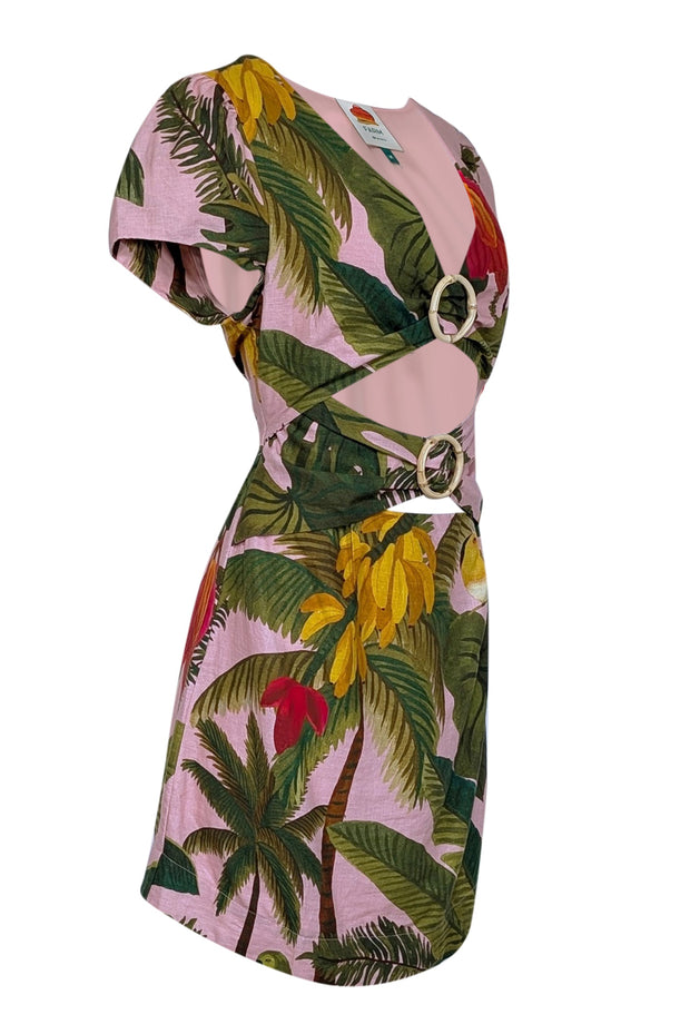 Current Boutique-Farm - Pink & Green Tropical Print Linen Blend Mini Dress Sz M