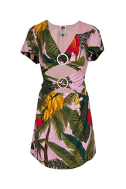 Current Boutique-Farm - Pink & Green Tropical Print Linen Blend Mini Dress Sz M