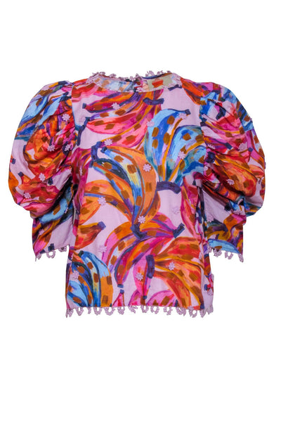 Current Boutique-Farm - Pink, Orange, & Blue Print Floral Embroidered Button Back Shirt Sz S