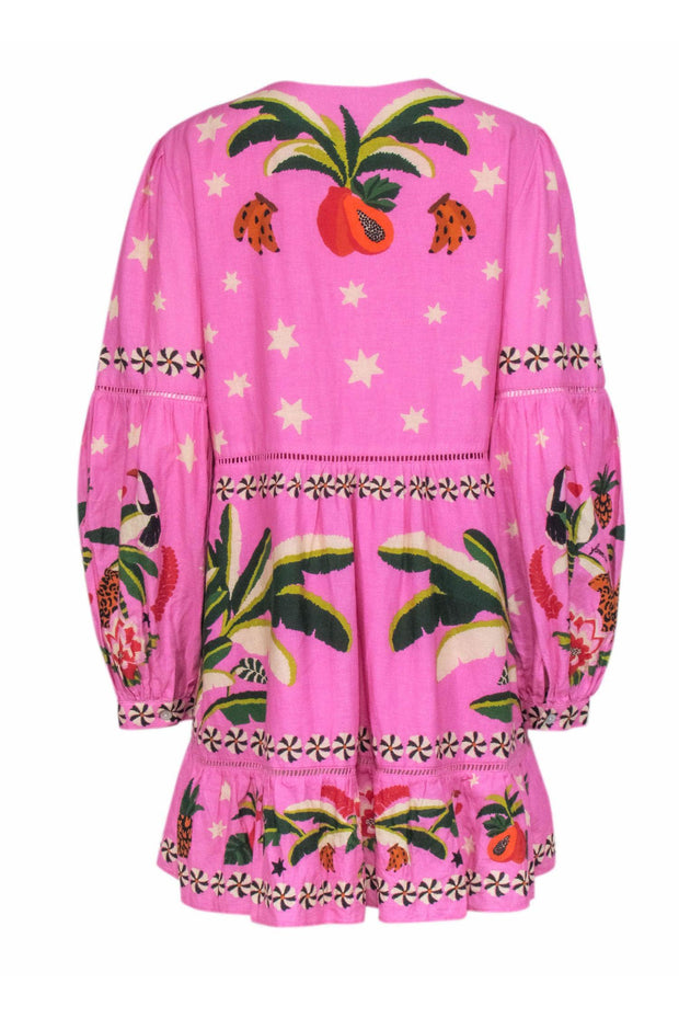 Current Boutique-Farm - Pink Tropical "Leopard Forest" Print Long Sleeve Dress Sz L