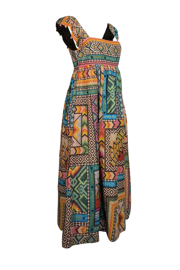 Current Boutique-Farm - Yellow & Multicolor Print Midi Dress w/ Beaded Straps Sz S