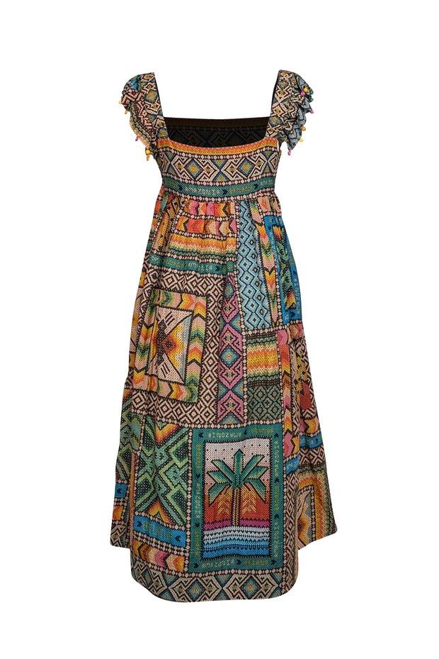 Current Boutique-Farm - Yellow & Multicolor Print Midi Dress w/ Beaded Straps Sz S