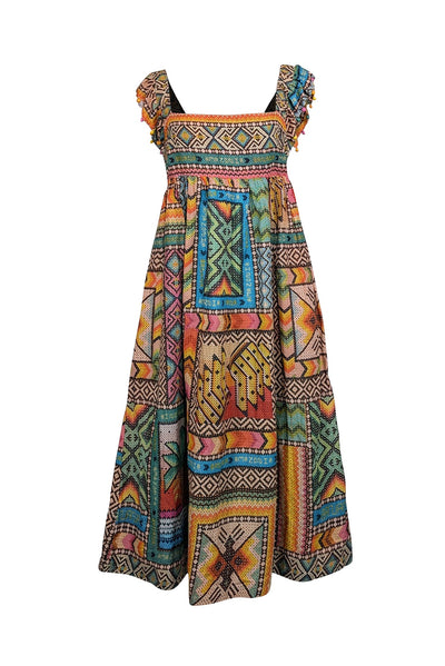 Current Boutique-Farm - Yellow & Multicolor Print Midi Dress w/ Beaded Straps Sz S