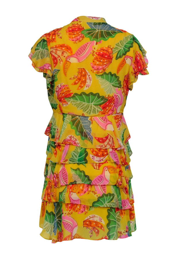 Current Boutique-Farm - Yellow Tropical "Beaks & Bananas" Print Ruffle Mini Dress Sz S