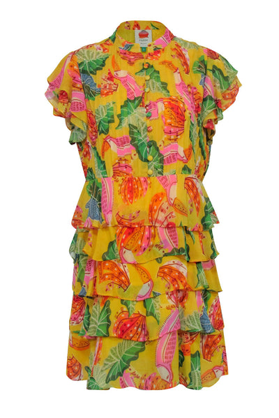 Current Boutique-Farm - Yellow Tropical "Beaks & Bananas" Print Ruffle Mini Dress Sz S