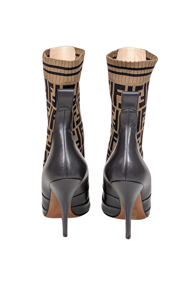 Current Boutique-Fendi - Brown Leather & Monogram "FF" Knit Short Boots Sz 11