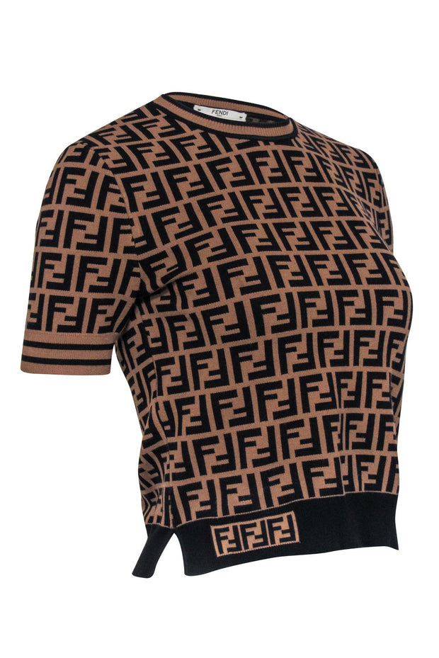 Current Boutique-Fendi - Brown Monogram Knit Short Sleeve Top Sz 2