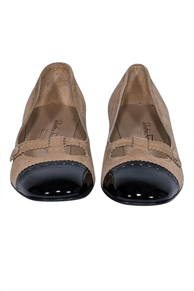 Current Boutique-Ferragamo - Beige Suede w/ Black Patent Leather Toe & Heel Pumps Sz 9.5