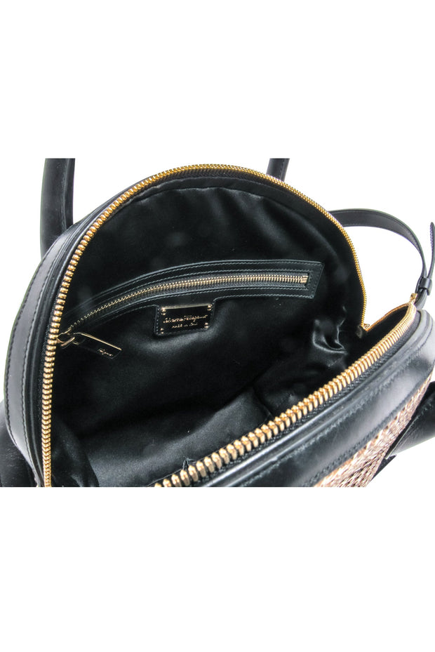 Current Boutique-Ferragamo - Black, Brown, & Cream Laser Cut Print Satchel Bag