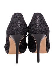 Current Boutique-Ferragamo - Black Eyelet Lace Peep Toe Pumps Sz 8.5