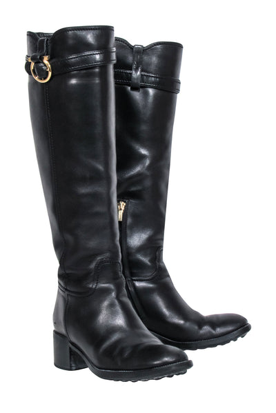Current Boutique-Ferragamo - Black Leather Riding Boots w/ Gancini Accent Sz 7.5