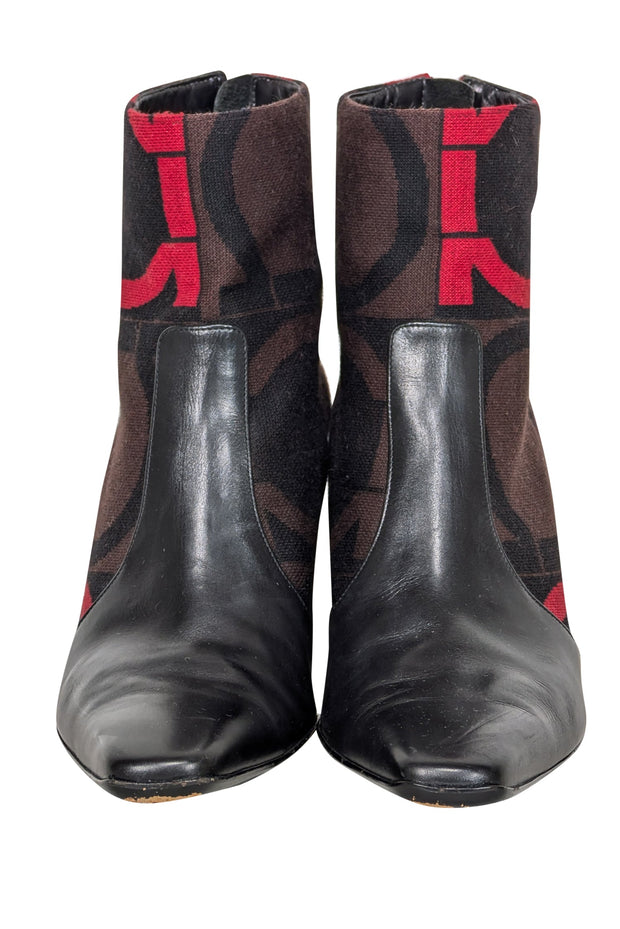 Current Boutique-Ferragamo - Black Leather w/ Brown & Red Print Detail Short Boots Sz 9