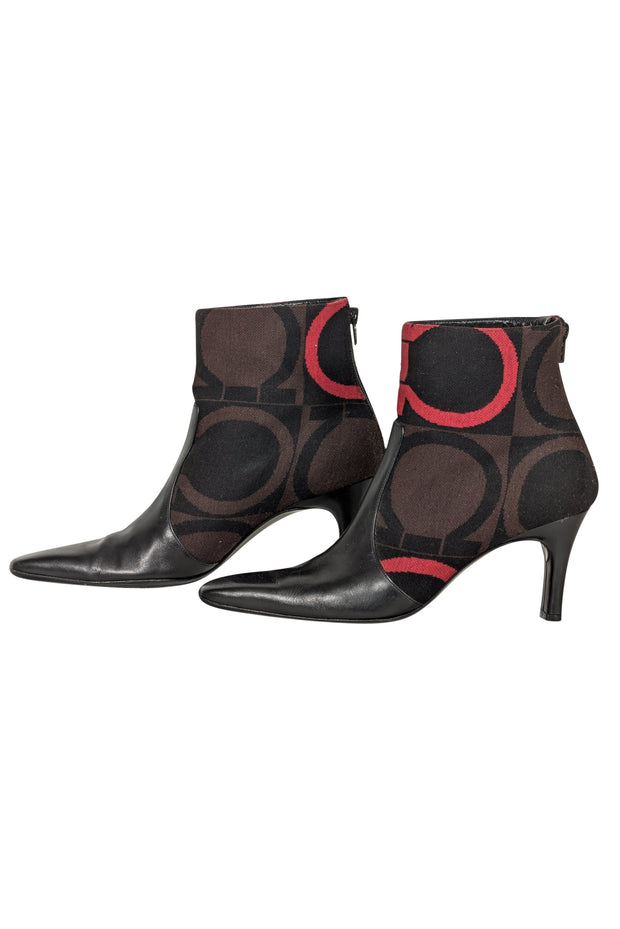 Current Boutique-Ferragamo - Black Leather w/ Brown & Red Print Detail Short Boots Sz 9