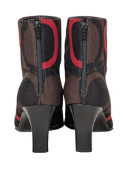 Current Boutique-Ferragamo - Black Leather w/ Brown & Red Print Detail Short Boots Sz 9