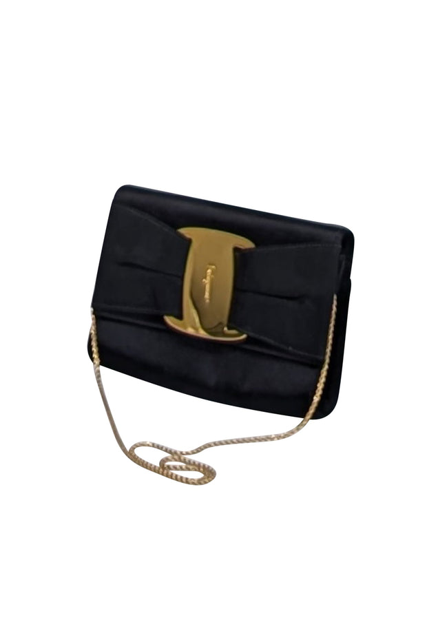 Current Boutique-Ferragamo - Black Satin Bow Front Clutch w/ Thin Gold Chain Strap