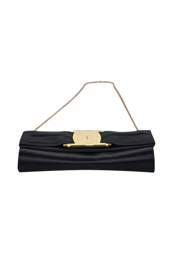 Current Boutique-Ferragamo - Black Satin Bow Front Clutch w/ Thin Gold Chain Strap