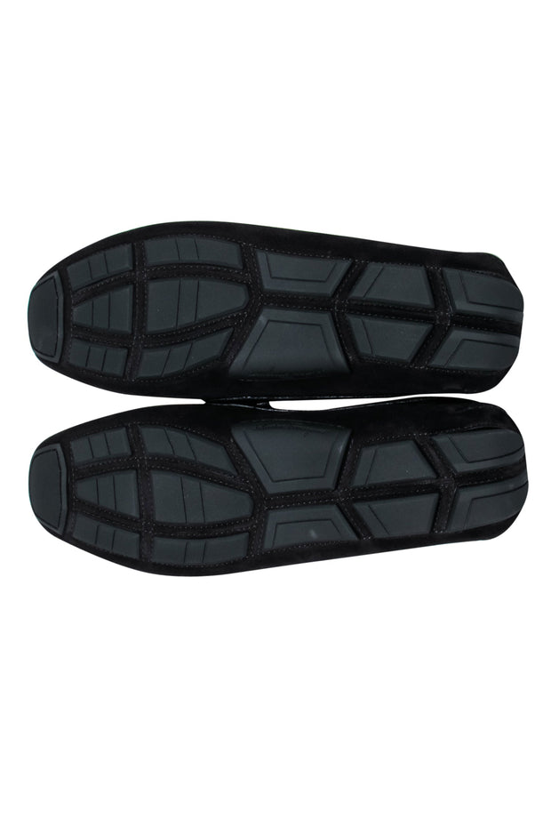 Current Boutique-Ferragamo - Black Suede Loafers w/ Mink Trim and Gold Details Sz 11