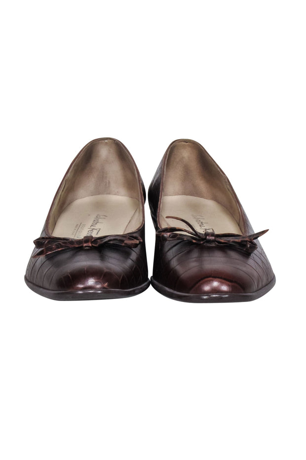 Current Boutique-Ferragamo - Brown Croc Embossed Leather Bow Toe Flats Sz 7