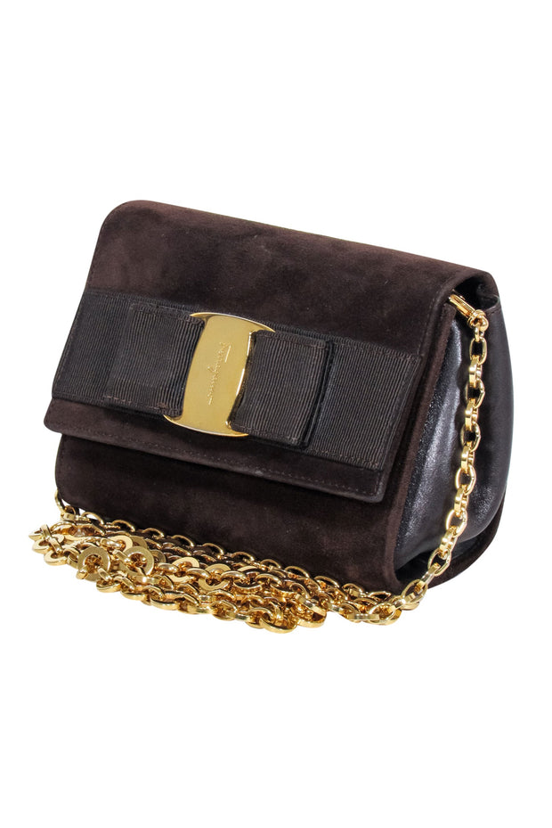 Current Boutique-Ferragamo - Brown Suede Mini Bag w/ Gold Chain Strap