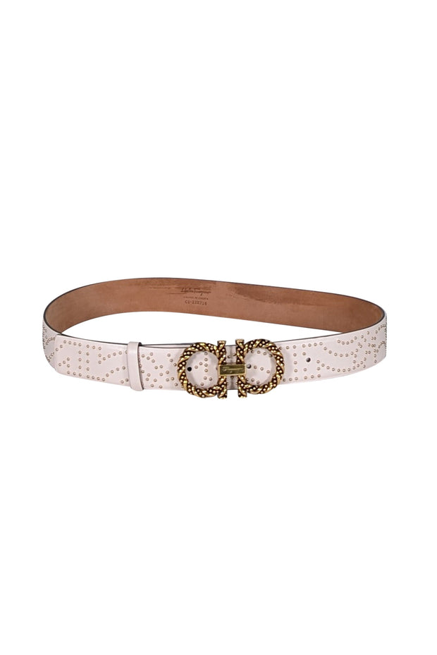 Current Boutique-Ferragamo - Cream Leather Studded Belt w/ Signature Buckle Sz M