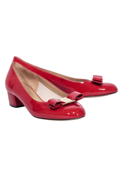Current Boutique-Ferragamo - Red Patent Leather "Vara" Bow Pumps Sz 7